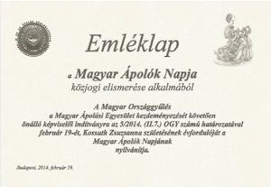 A Magyar Országgyűlés díszoklevele a Magyar Ápolók Napja közjogi elismerése alkalmából. Kiadás dátuma: 2014. február 19.