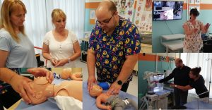 Bemutatók a skill-labor megnyitóján: gyermek-újraélesztés fantomokkal, AR-szemüveges (kiterjesztett valóság) szimuláció és altatógép a műtőben.