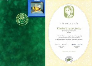 A Magyar Ápolási Igazgatók Egyesülete díszoklevele. Felirata: „Kósáné László Anikó ápolási igazgatóhelyettes részére, a Covid-19 járvány idején végzett kimagasló, példamutató munkája elismeréseként”